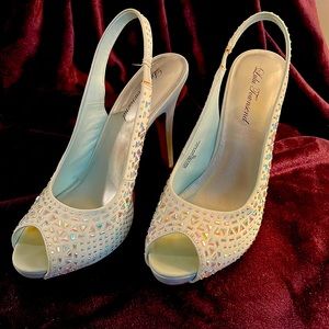 Lulu Townsend baby blue crystal studded 5” heals. Size 10. Like new